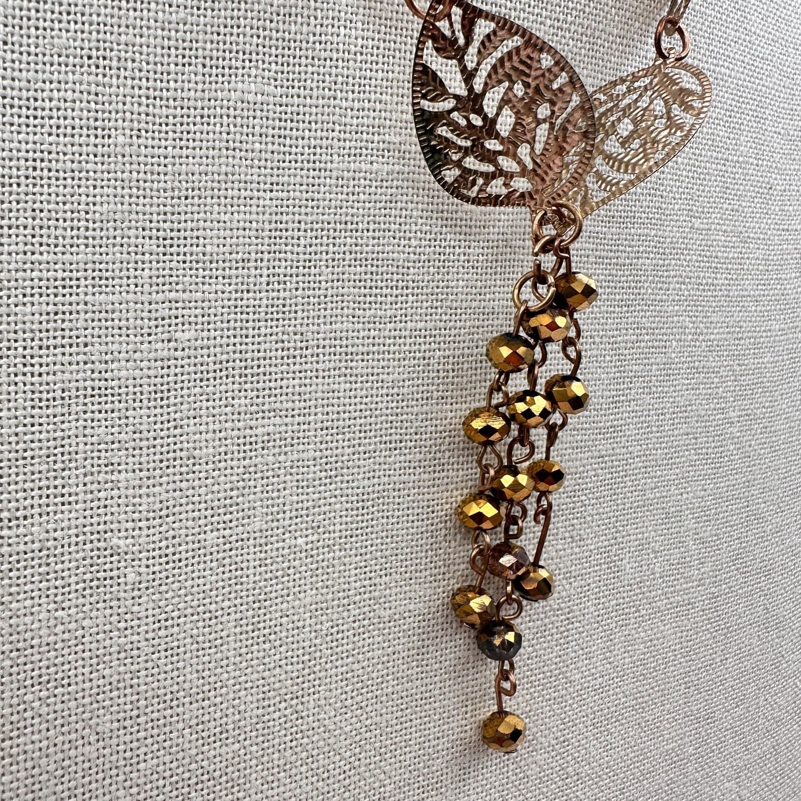 Vintage Y2K Gold Tone Filigree Leaf Necklace Boho Beaded Fringe Women's Jewelry - Thumbnail 4