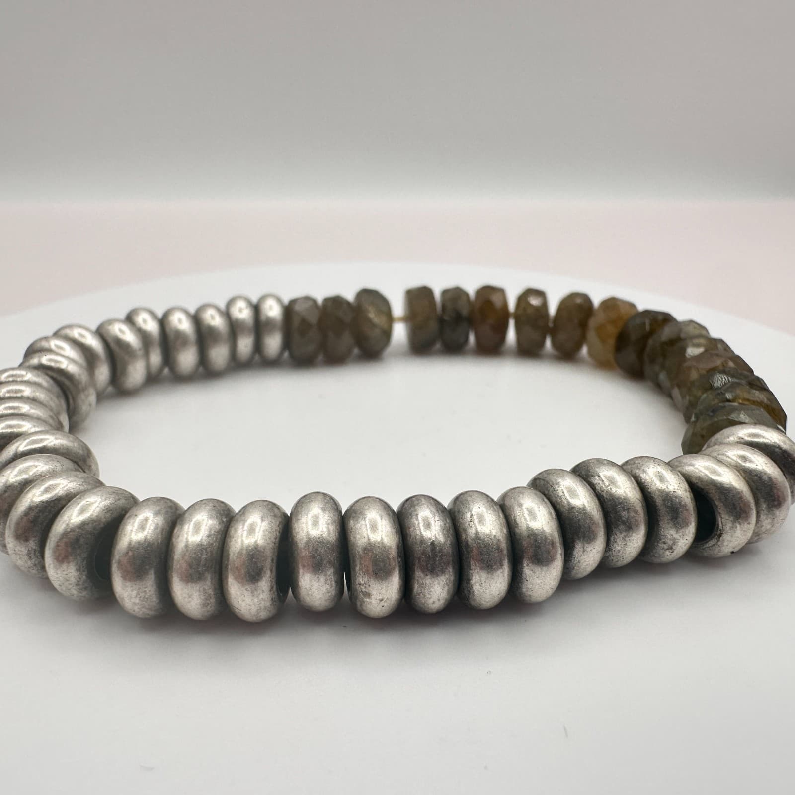 Vintage 90s Silver Tone Beaded Stretch Bracelet Boho Classic Fashion Jewelry - Thumbnail 6