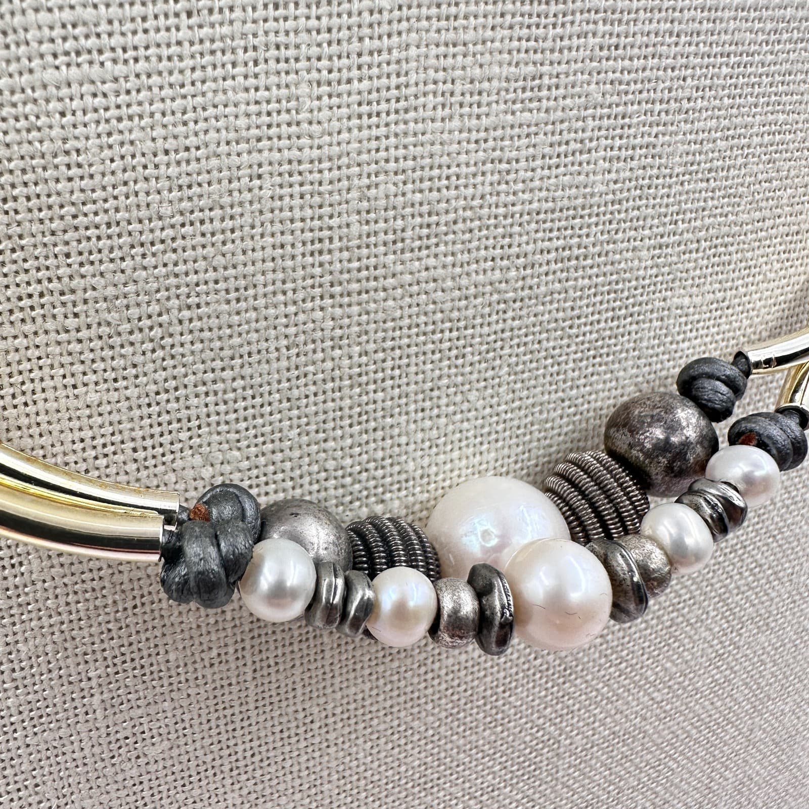 Vintage Y2K Gold Tone Curved Tube Pearl Beaded Necklace Black Cord Boho Jewelry - Thumbnail 4