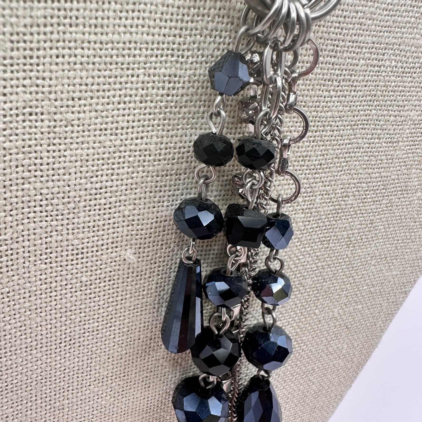 Vintage Y2K Silver Tone Rhinestone Black Beaded Tassel Necklace Boho Jewelry - Thumbnail 6