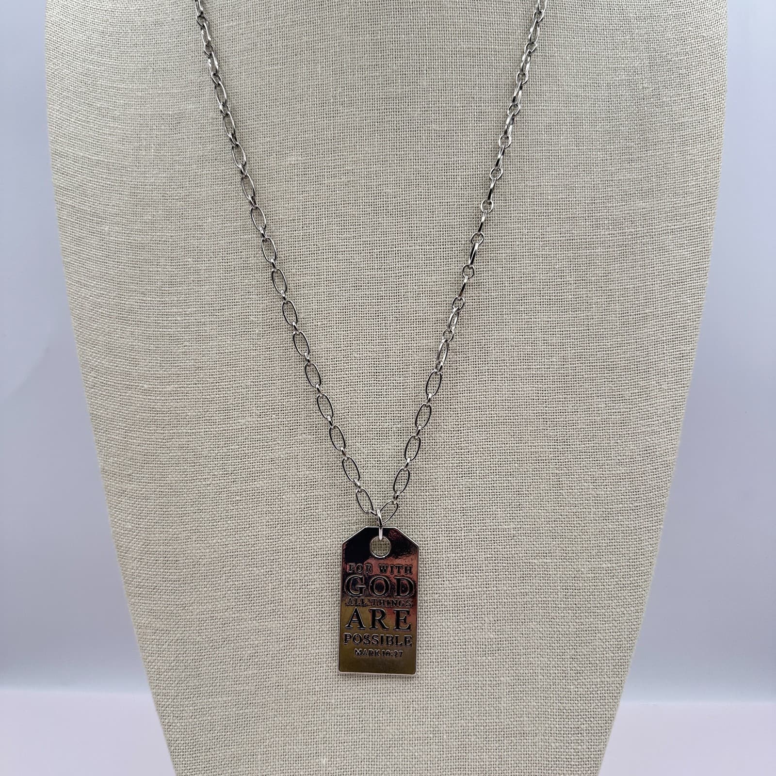 Vintage 90s Silver Tone Mark 10:27 Dog Tag Pendant Necklace Classic Jewelry - Thumbnail 2