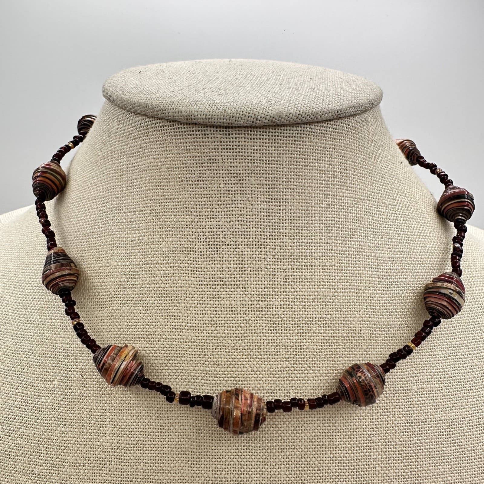 Vintage 90s Boho Recycled Rolled Paper Seed Beaded Necklace Statement Jewelry - Thumbnail 7