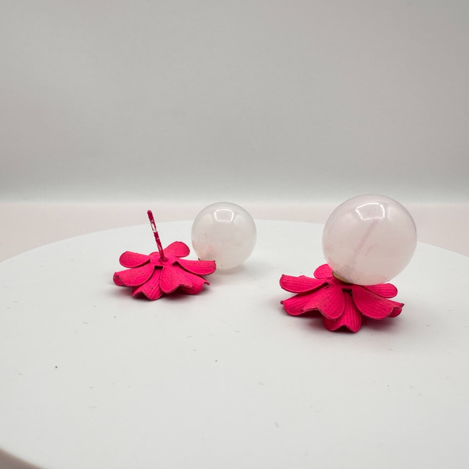 Vintage Y2K Pink Enamel Flower Stud Earrings Clear Rhinestone Statement Jewelry - Thumbnail 5