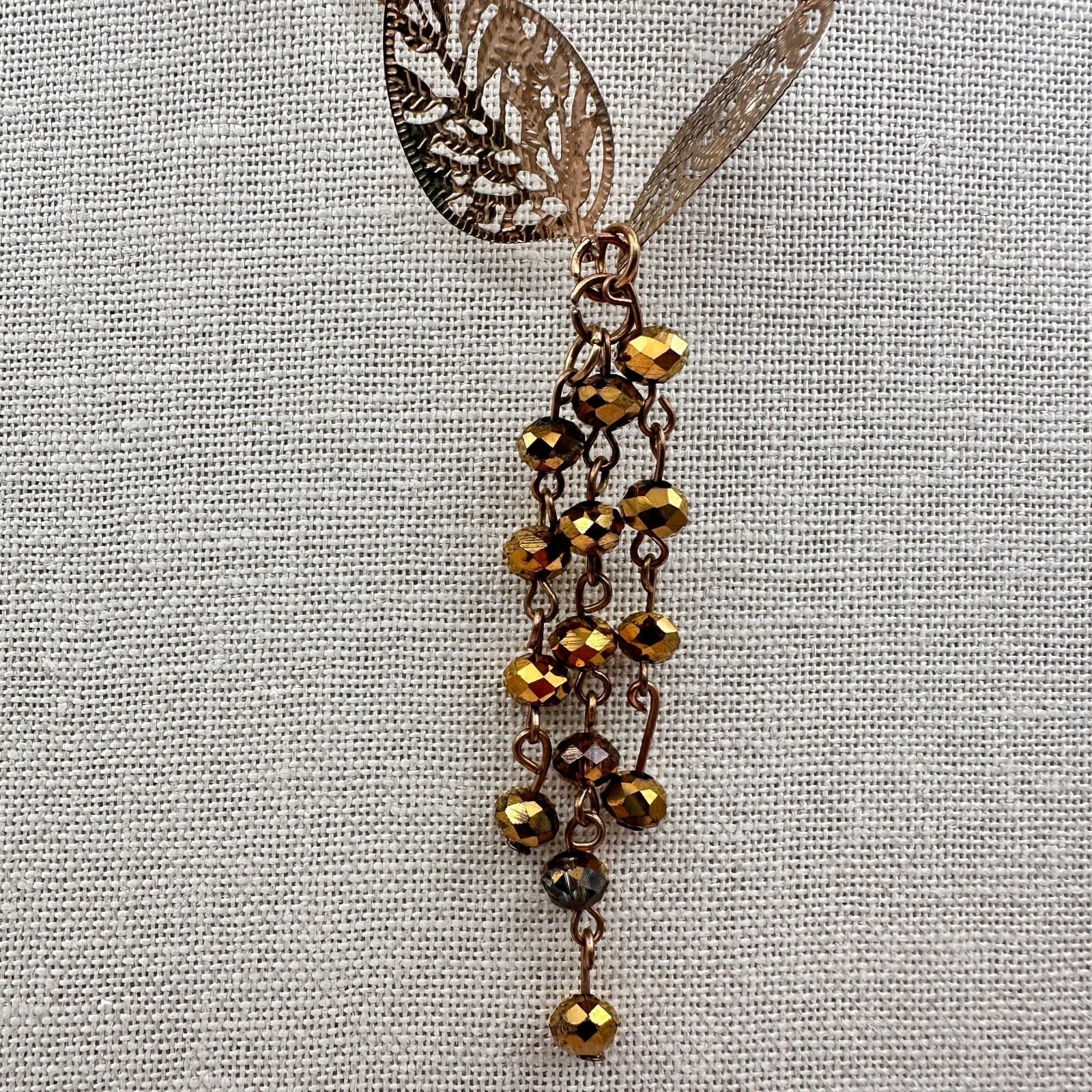 Vintage Y2K Gold Tone Filigree Leaf Necklace Boho Beaded Fringe Women's Jewelry - Thumbnail 3