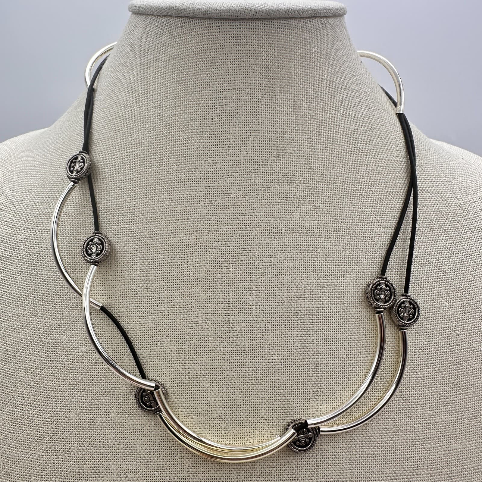 Vintage 90s Silver Tone Curved Tube Black Cord Necklace Boho Statement Jewelry - Thumbnail 7
