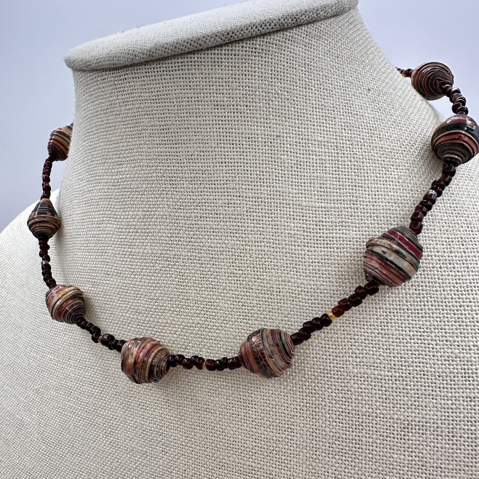 Vintage 90s Boho Recycled Rolled Paper Seed Beaded Necklace Statement Jewelry - Thumbnail 5