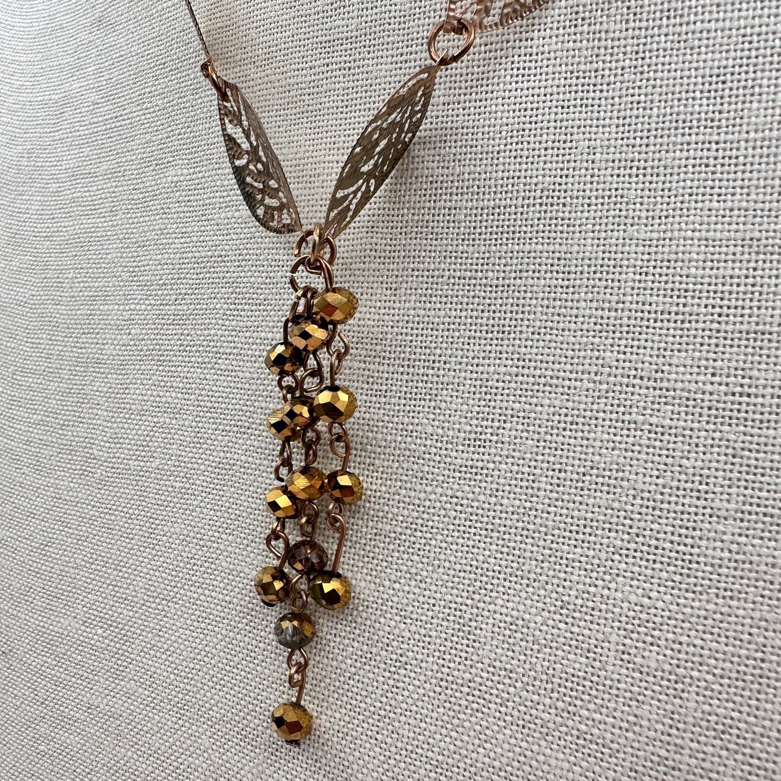 Vintage Y2K Gold Tone Filigree Leaf Necklace Boho Beaded Fringe Women's Jewelry - Thumbnail 5
