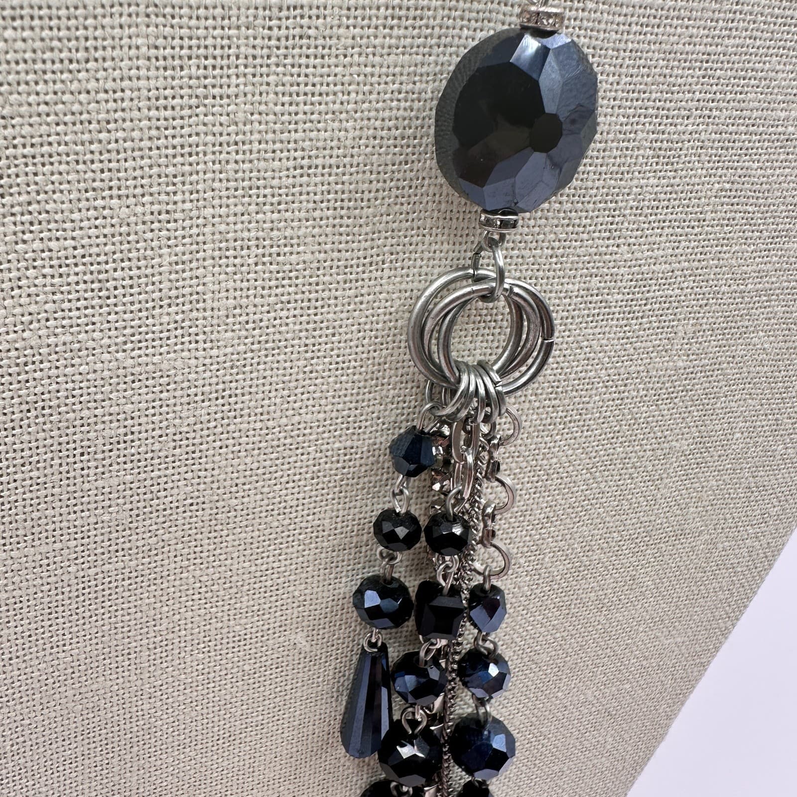 Vintage Y2K Silver Tone Rhinestone Black Beaded Tassel Necklace Boho Jewelry - Thumbnail 5