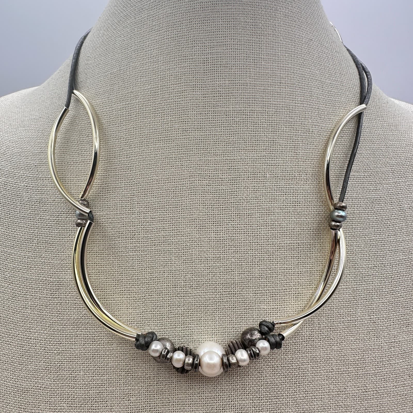 Vintage Y2K Gold Tone Curved Tube Pearl Beaded Necklace Black Cord Boho Jewelry - Thumbnail 7