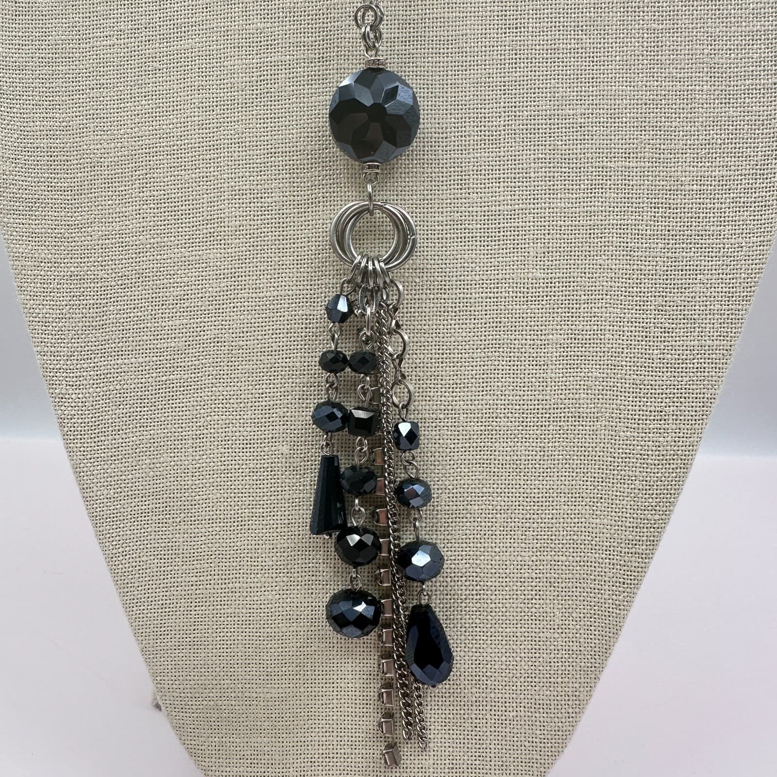 Vintage Y2K Silver Tone Rhinestone Black Beaded Tassel Necklace Boho Jewelry - Thumbnail 4