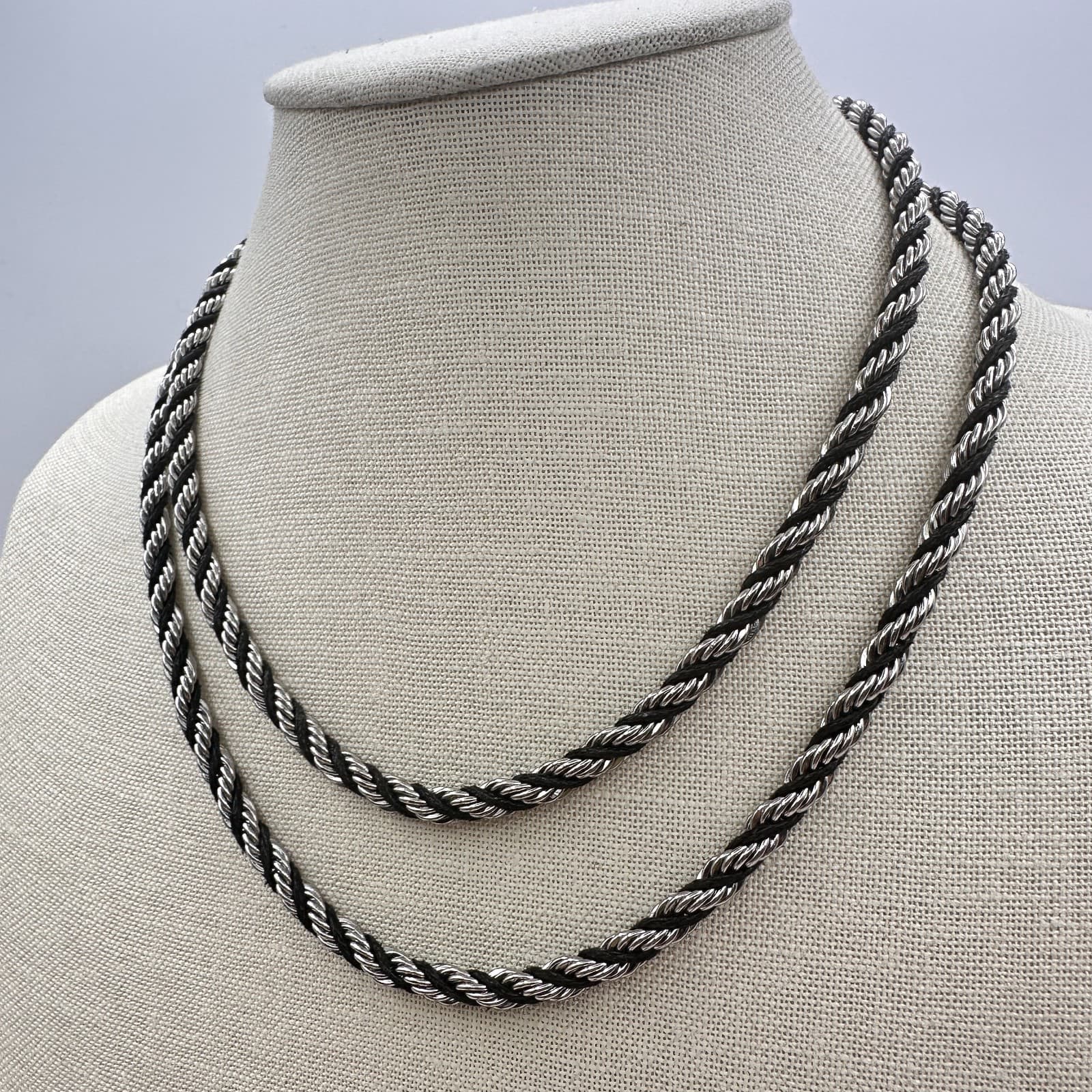 Vintage 90s Multi Strand Silver Tone Rope Chain Black Cord Boho Necklace Jewelry - Thumbnail 7