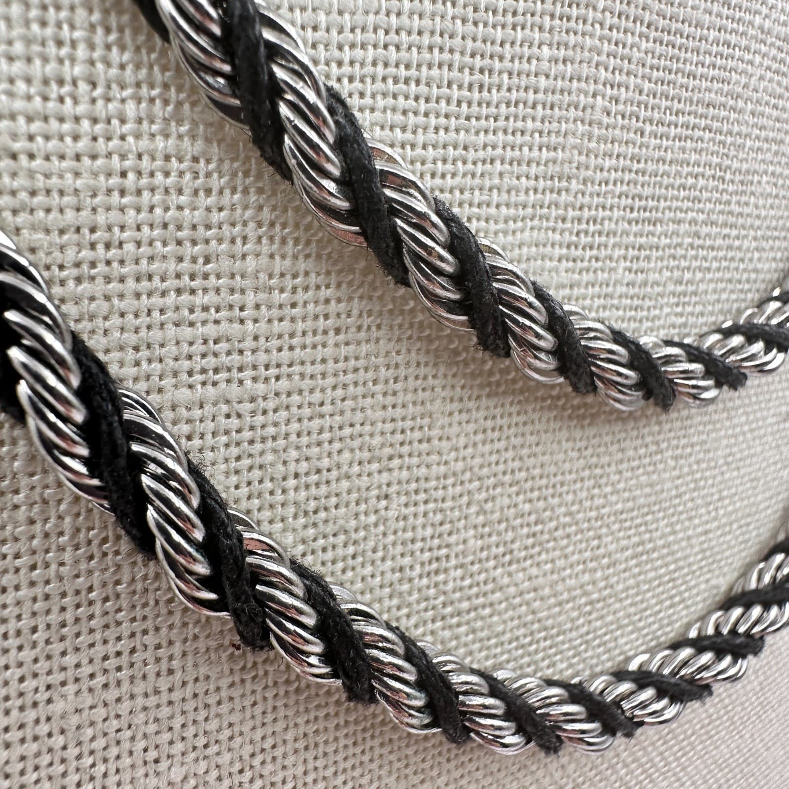 Vintage 90s Multi Strand Silver Tone Rope Chain Black Cord Boho Necklace Jewelry - Thumbnail 5