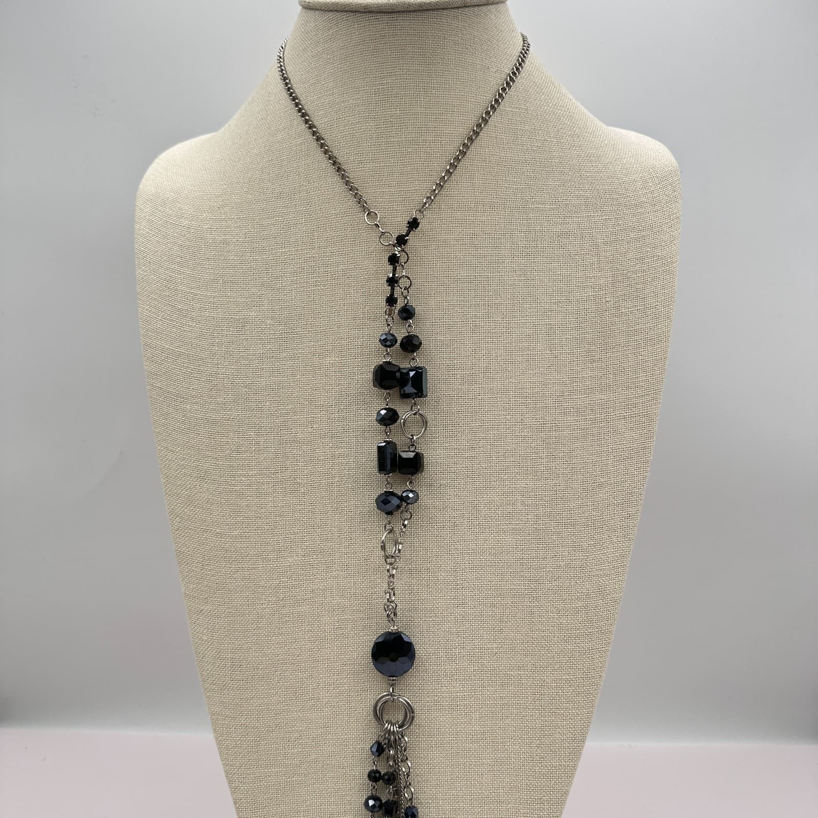 Vintage Y2K Silver Tone Rhinestone Black Beaded Tassel Necklace Boho Jewelry - Thumbnail 2