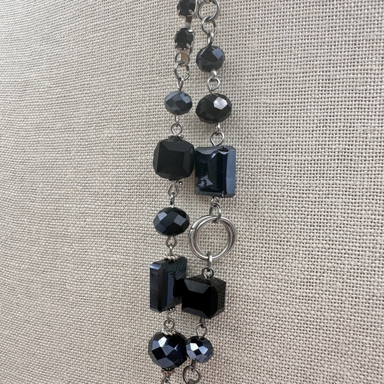 Vintage Y2K Silver Tone Rhinestone Black Beaded Tassel Necklace Boho Jewelry - Thumbnail 8