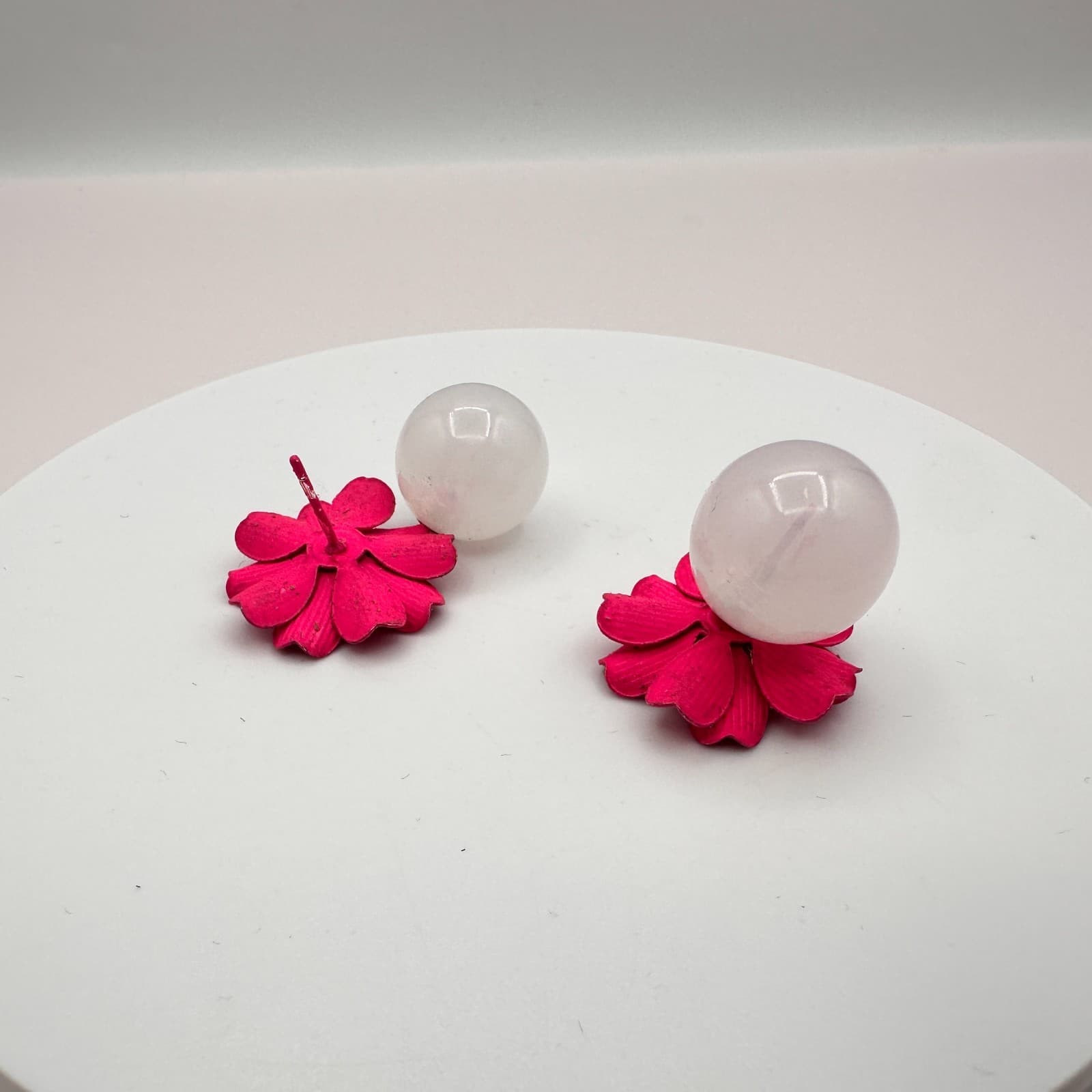 Vintage Y2K Pink Enamel Flower Stud Earrings Clear Rhinestone Statement Jewelry - Thumbnail 6