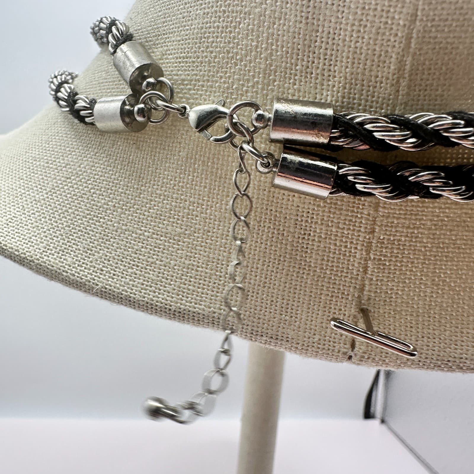 Vintage 90s Multi Strand Silver Tone Rope Chain Black Cord Boho Necklace Jewelry - Thumbnail 9