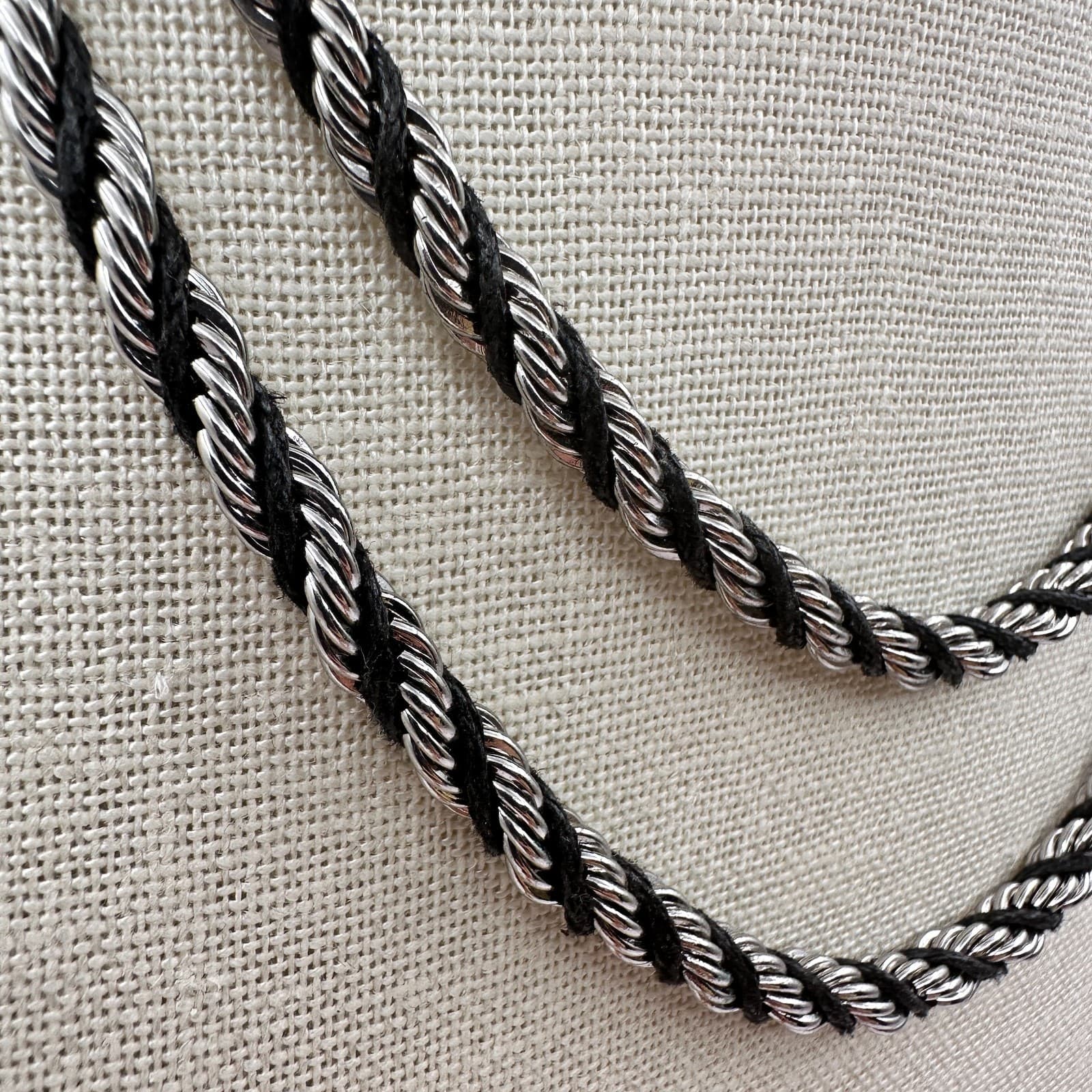 Vintage 90s Multi Strand Silver Tone Rope Chain Black Cord Boho Necklace Jewelry - Thumbnail 4