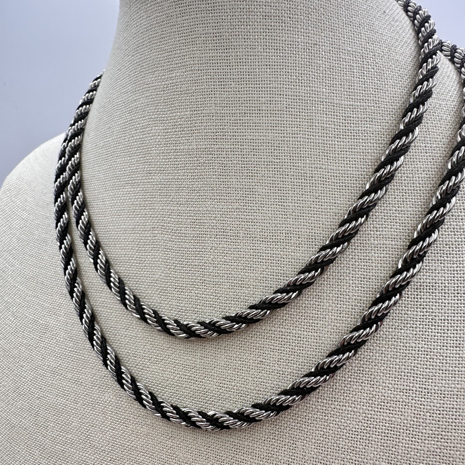 Vintage 90s Multi Strand Silver Tone Rope Chain Black Cord Boho Necklace Jewelry - Thumbnail 6