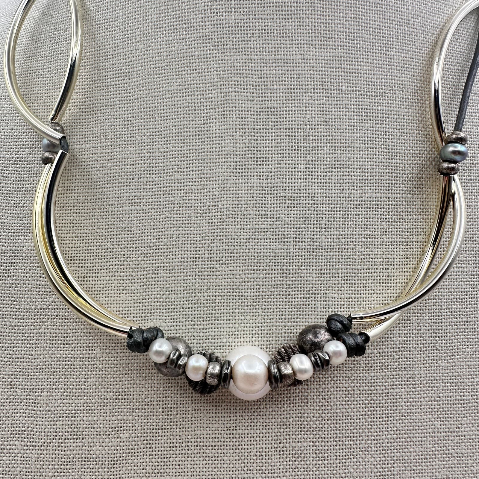 Vintage Y2K Gold Tone Curved Tube Pearl Beaded Necklace Black Cord Boho Jewelry - Thumbnail 2