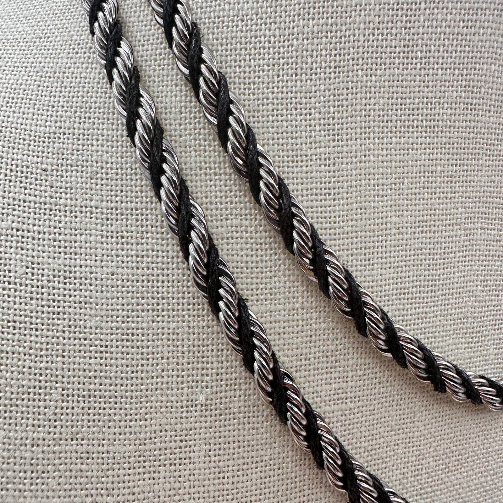 Vintage 90s Multi Strand Silver Tone Rope Chain Black Cord Boho Necklace Jewelry - Thumbnail 3