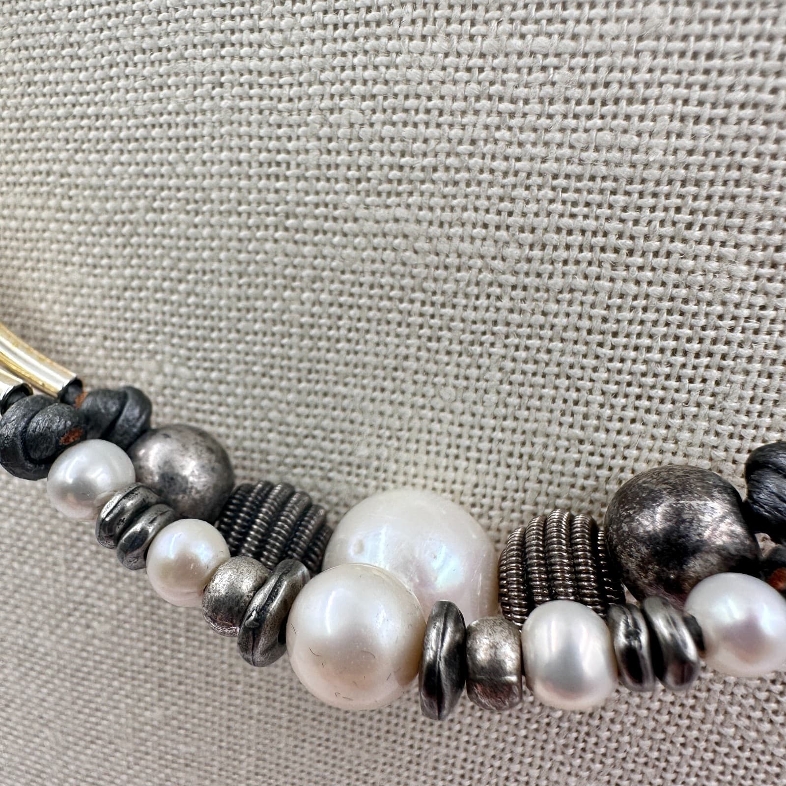 Vintage Y2K Gold Tone Curved Tube Pearl Beaded Necklace Black Cord Boho Jewelry - Thumbnail 6
