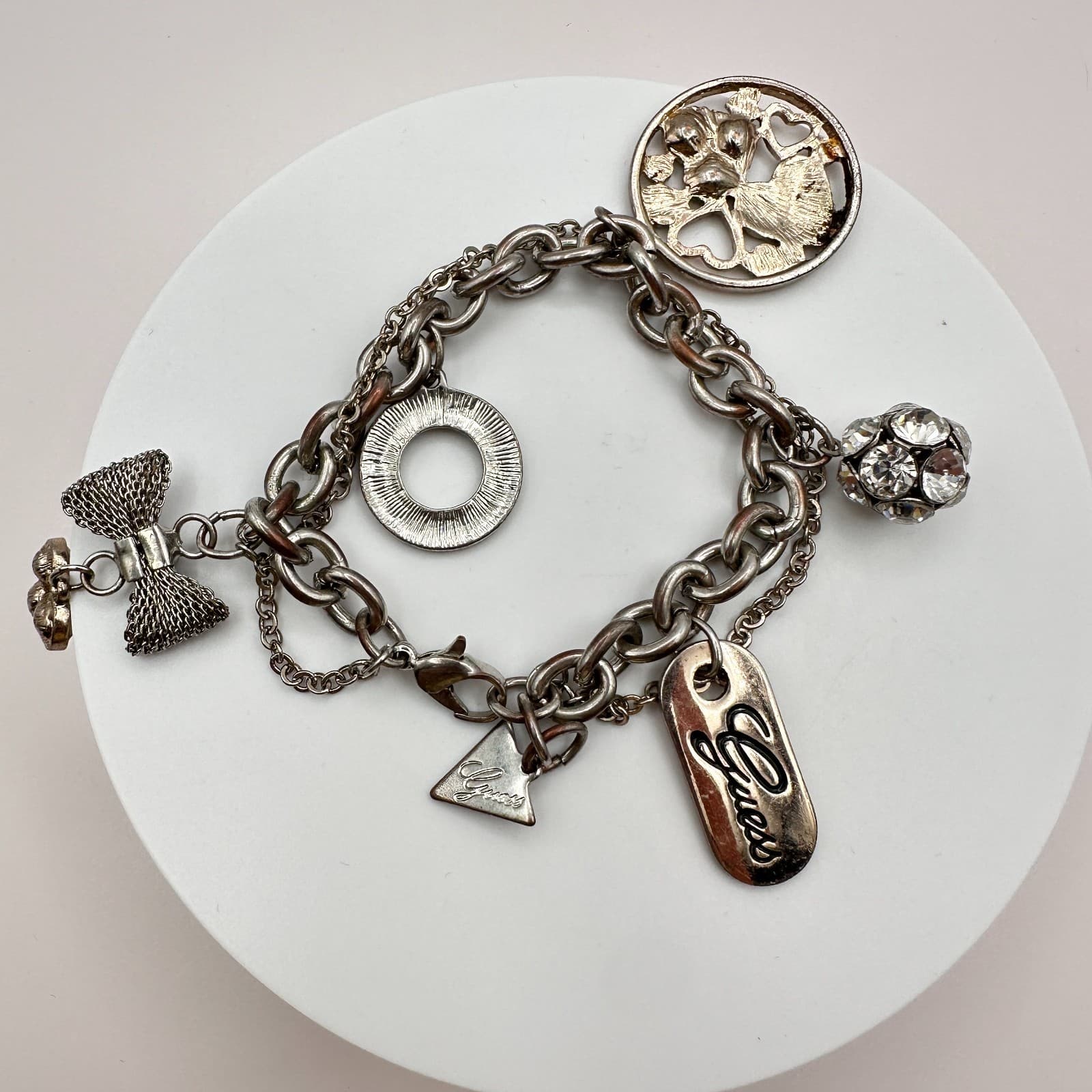 Vintage Y2K Guess Silvertone Bracelet Multi-Charm Statement Boho Fashion Jewelry - Thumbnail 2