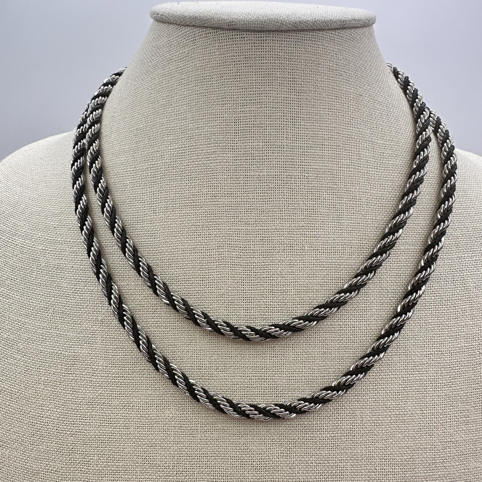 Vintage 90s Multi Strand Silver Tone Rope Chain Black Cord Boho Necklace Jewelry - Thumbnail 8