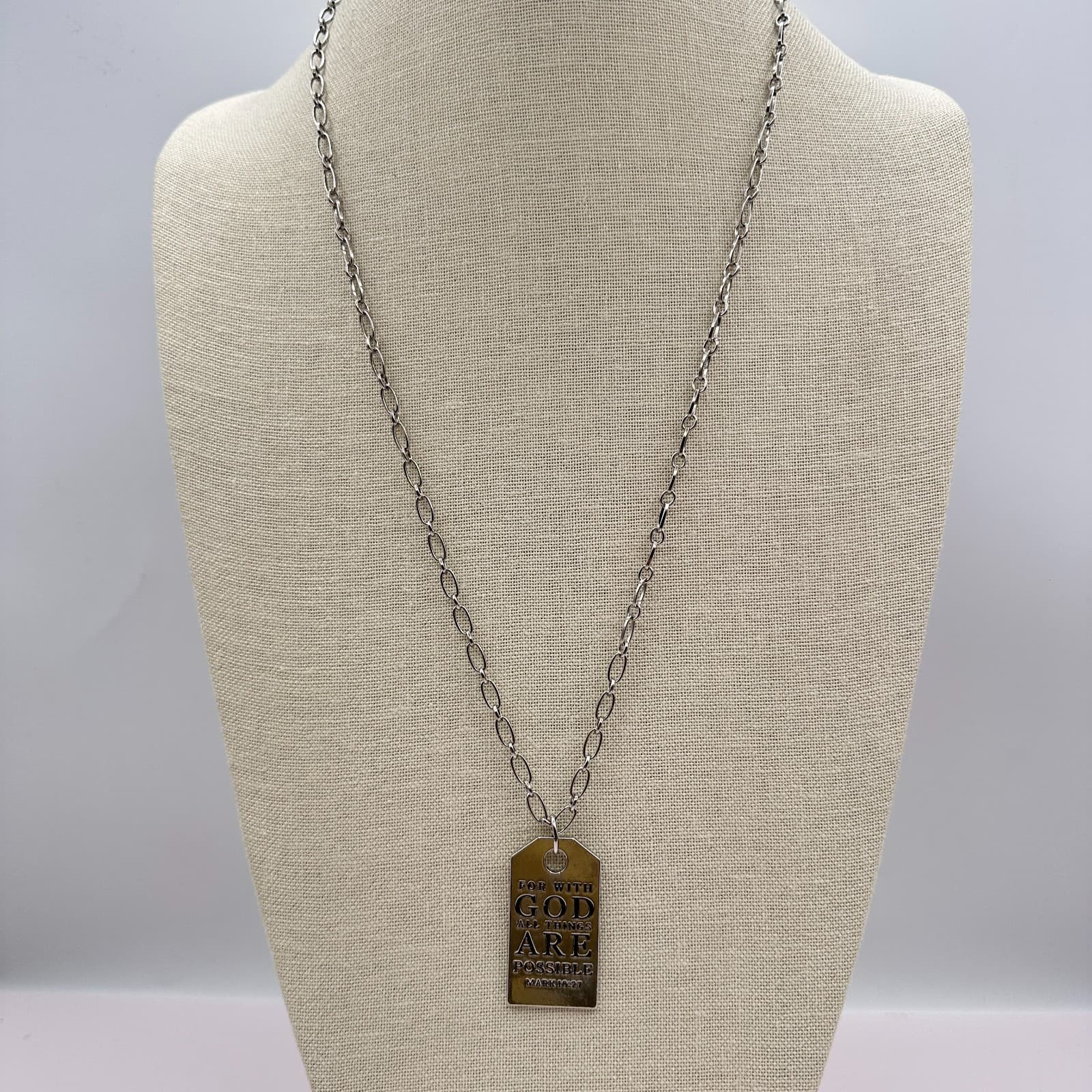 Vintage 90s Silver Tone Mark 10:27 Dog Tag Pendant Necklace Classic Jewelry - Thumbnail 3