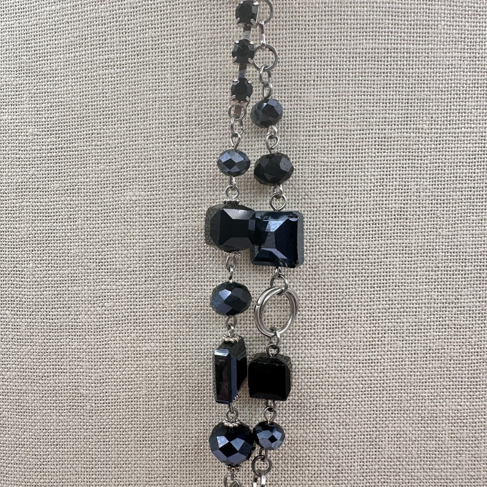 Vintage Y2K Silver Tone Rhinestone Black Beaded Tassel Necklace Boho Jewelry - Thumbnail 7
