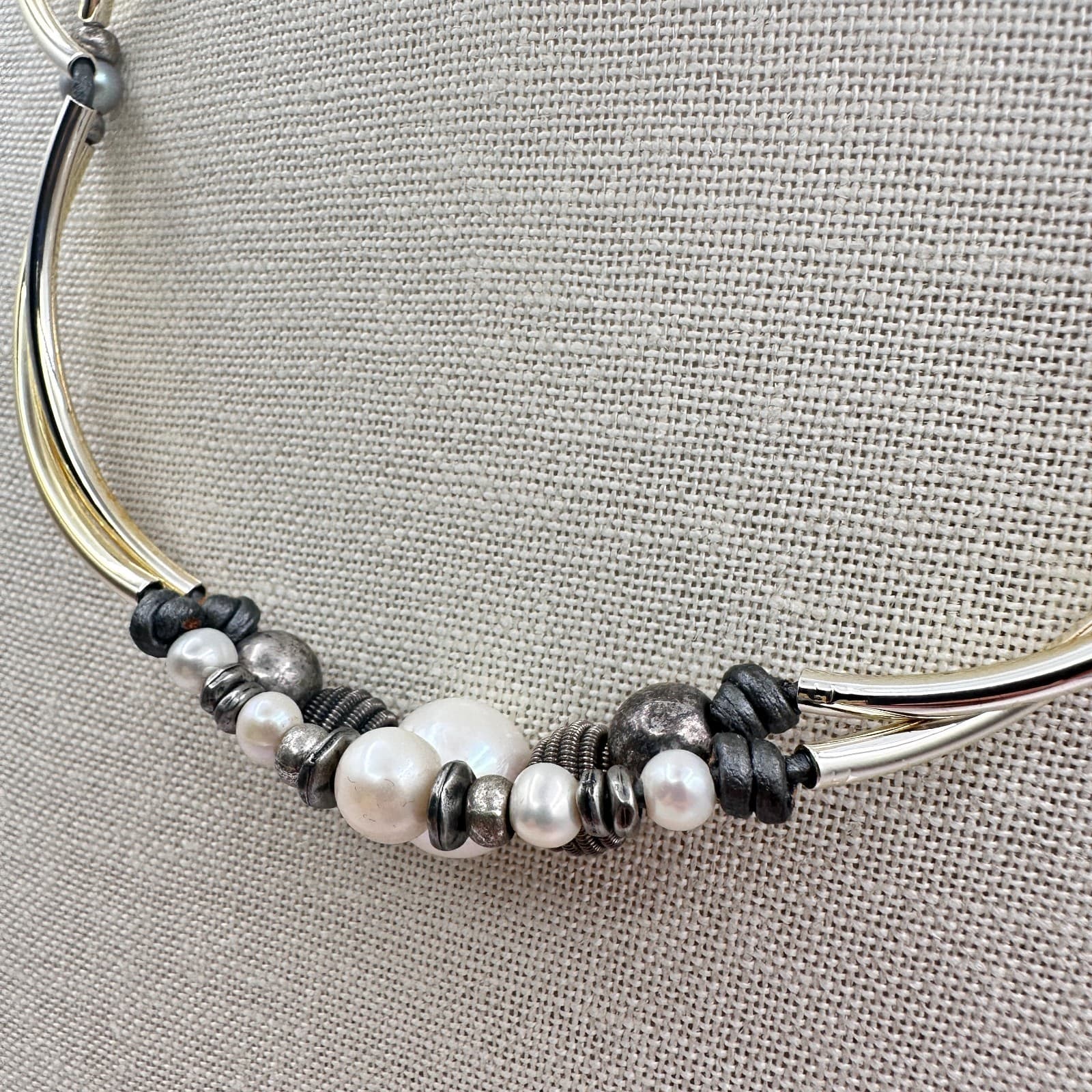 Vintage Y2K Gold Tone Curved Tube Pearl Beaded Necklace Black Cord Boho Jewelry - Thumbnail 5