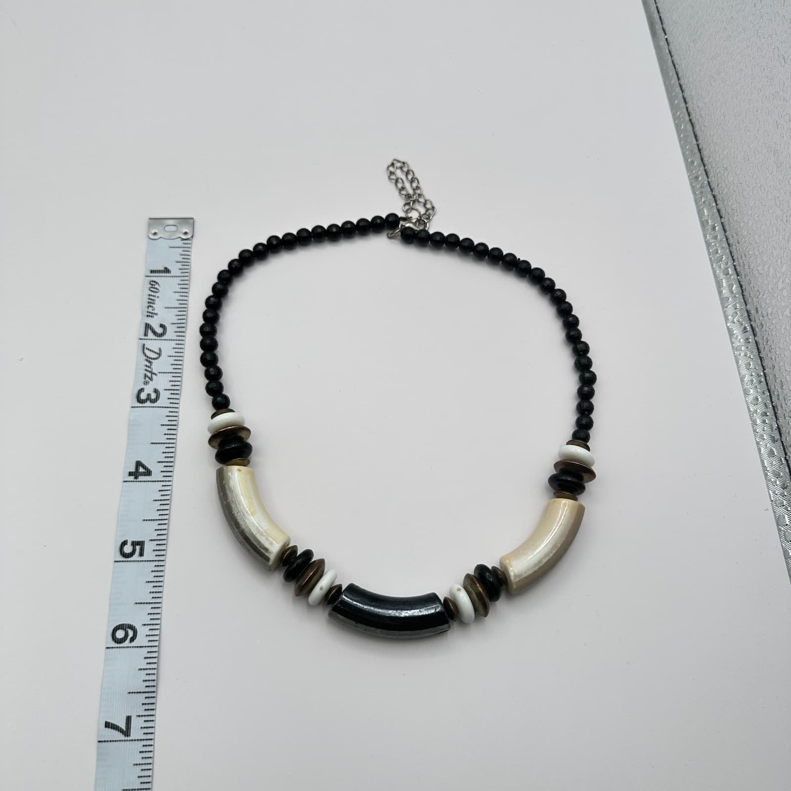 Vintage 90s Tribal Choker Necklace Bead Bone Black White Brown Statement Jewelry - Thumbnail 10