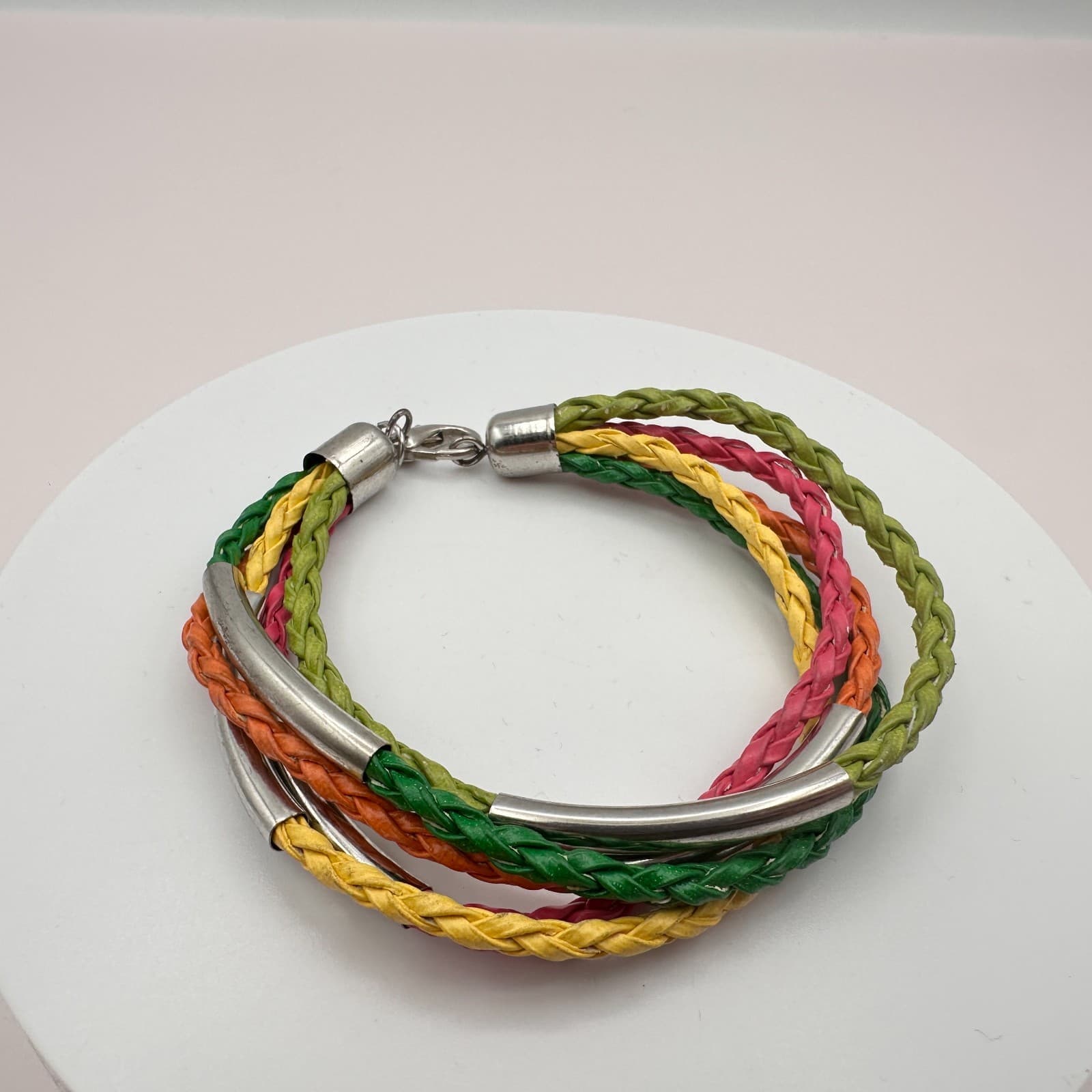 Vintage Y2K Silver-Tone Tube Multi-Strand Braided Faux Leather Bracelet Jewelry - Thumbnail 2