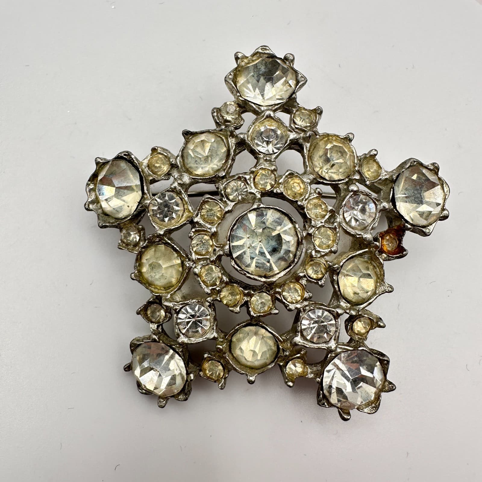 Vintage 90s Silver Tone Starburst Brooch Pin Rhinestone Women's Classic Jewelry - Thumbnail 4