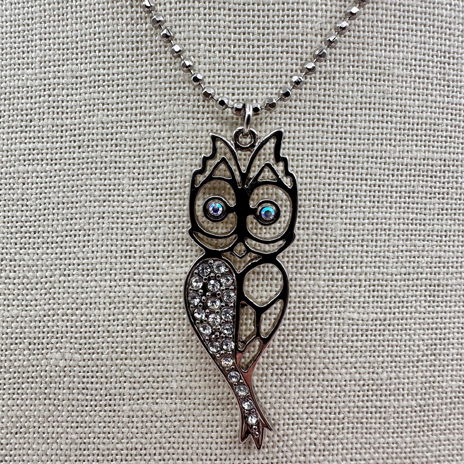 Vintage Y2K Silver Tone Owl Pendant Necklace Rhinestone Women's Classic Jewelry - Thumbnail 6