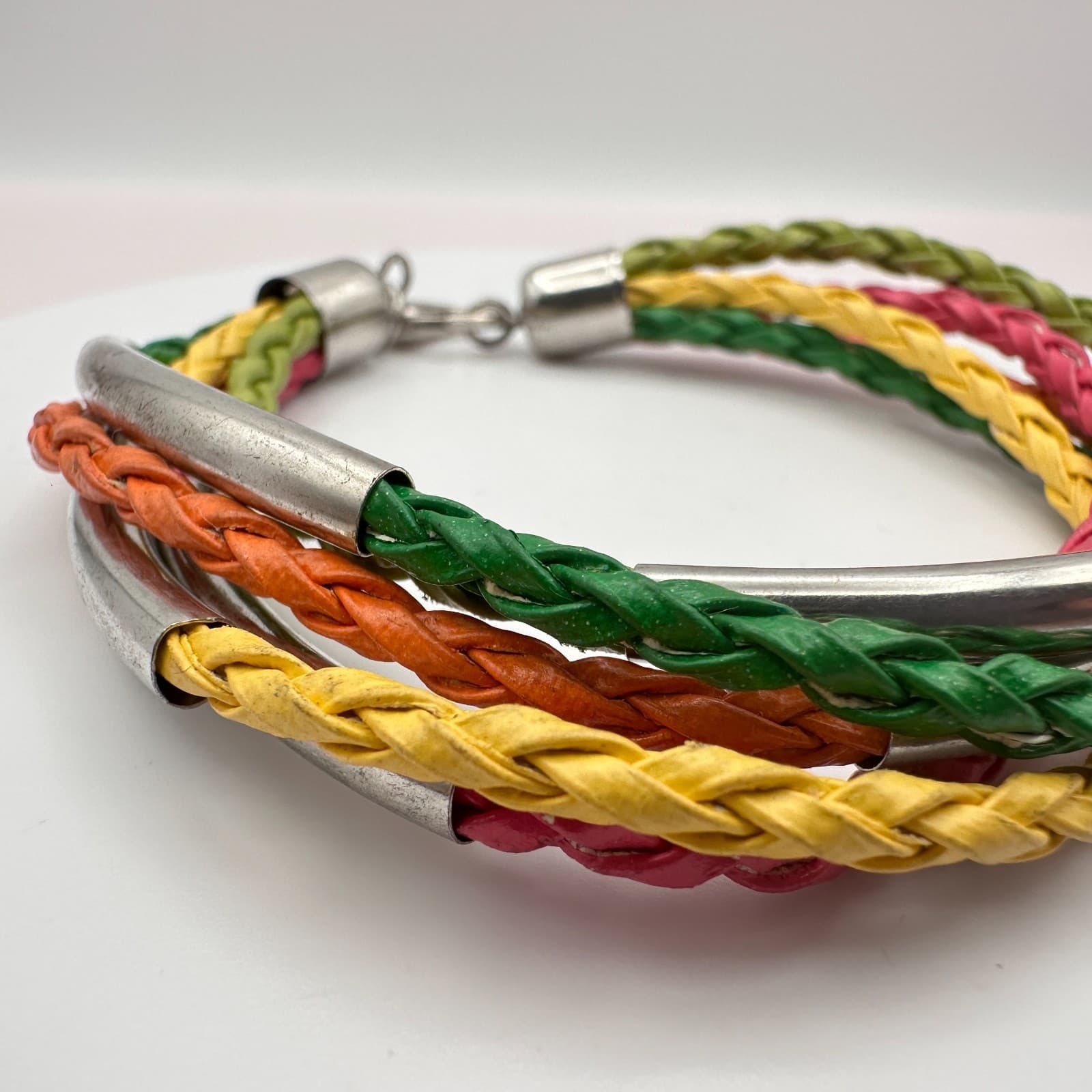 Vintage Y2K Silver-Tone Tube Multi-Strand Braided Faux Leather Bracelet Jewelry - Thumbnail 3