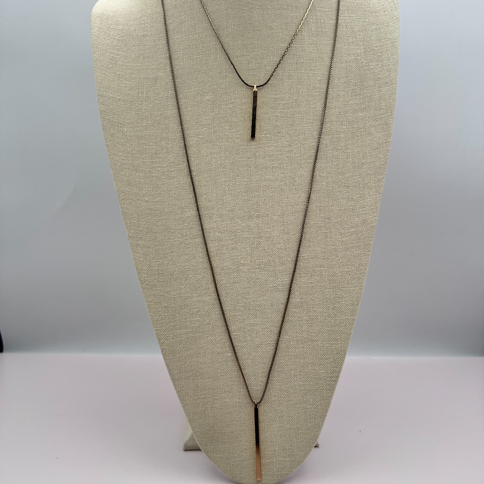 Vintage 90s Y2K Gold Tone Double Layer Bar Pendant Necklace Minimalist Geometric - Thumbnail 2