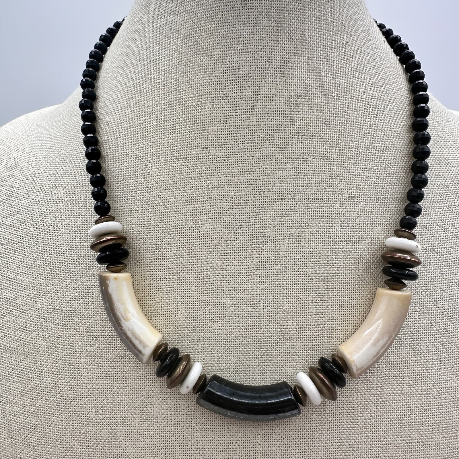 Vintage 90s Tribal Choker Necklace Bead Bone Black White Brown Statement Jewelry - Thumbnail 2