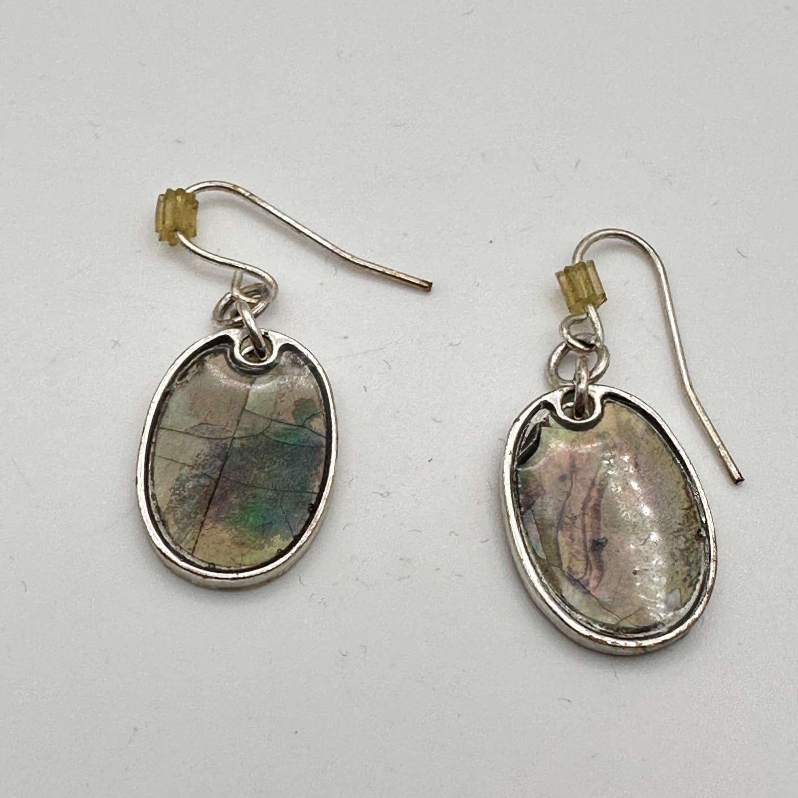 Vintage 90s Abalone Mother of Pearl Oval Dangle Earrings Silver Tone Jewelry - Thumbnail 2
