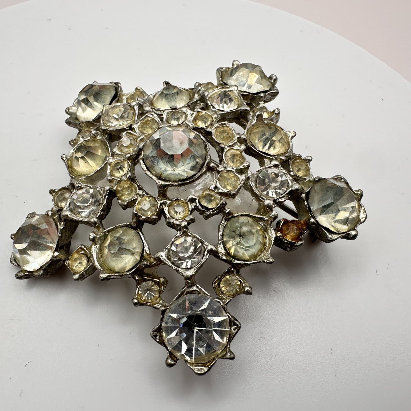 Vintage 90s Silver Tone Starburst Brooch Pin Rhinestone Women's Classic Jewelry - Thumbnail 6