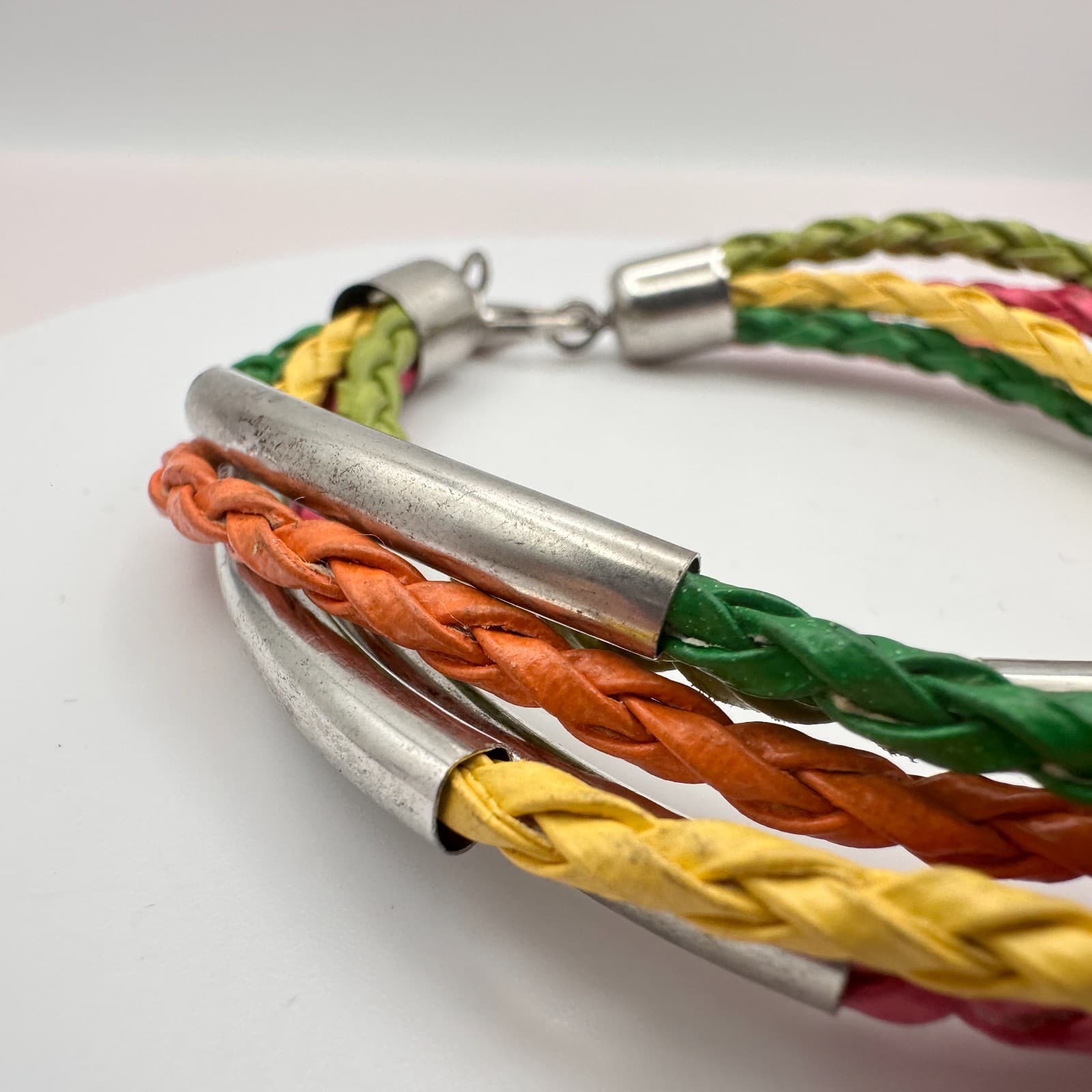 Vintage Y2K Silver-Tone Tube Multi-Strand Braided Faux Leather Bracelet Jewelry - Thumbnail 5