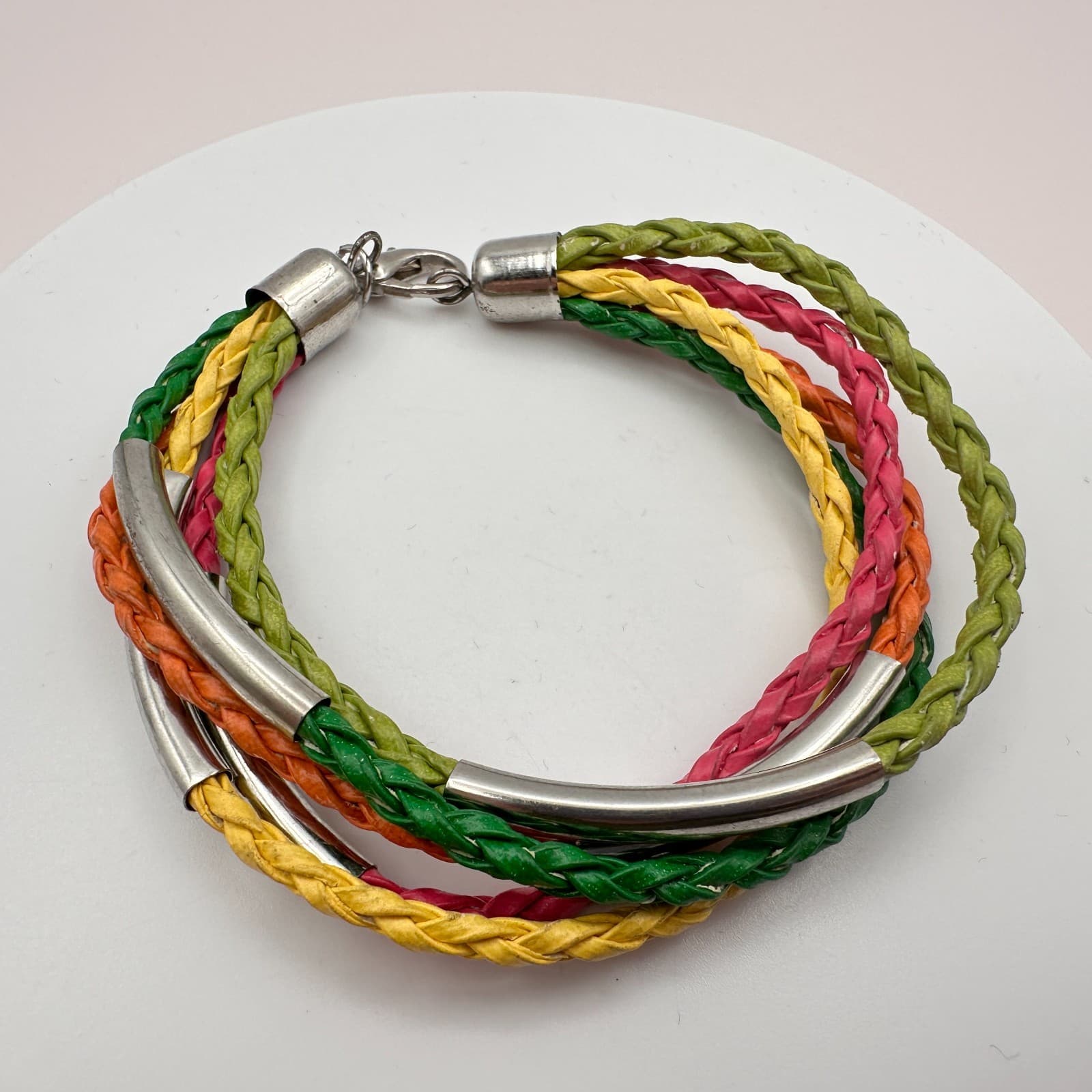 Vintage Y2K Silver-Tone Tube Multi-Strand Braided Faux Leather Bracelet Jewelry - Thumbnail 6