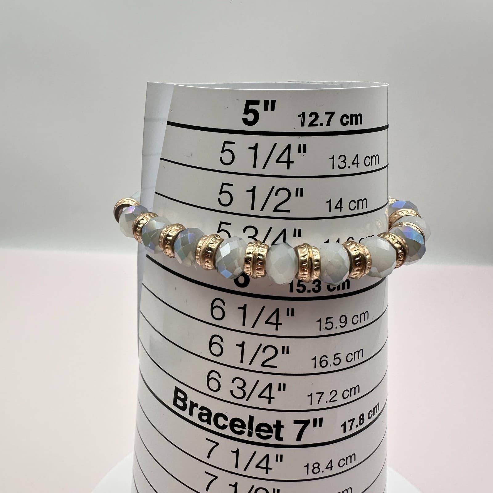 Vintage Y2K Iridescent Grey Glass Beaded Gold Tone Stretch Bracelet Jewelry - Thumbnail 8