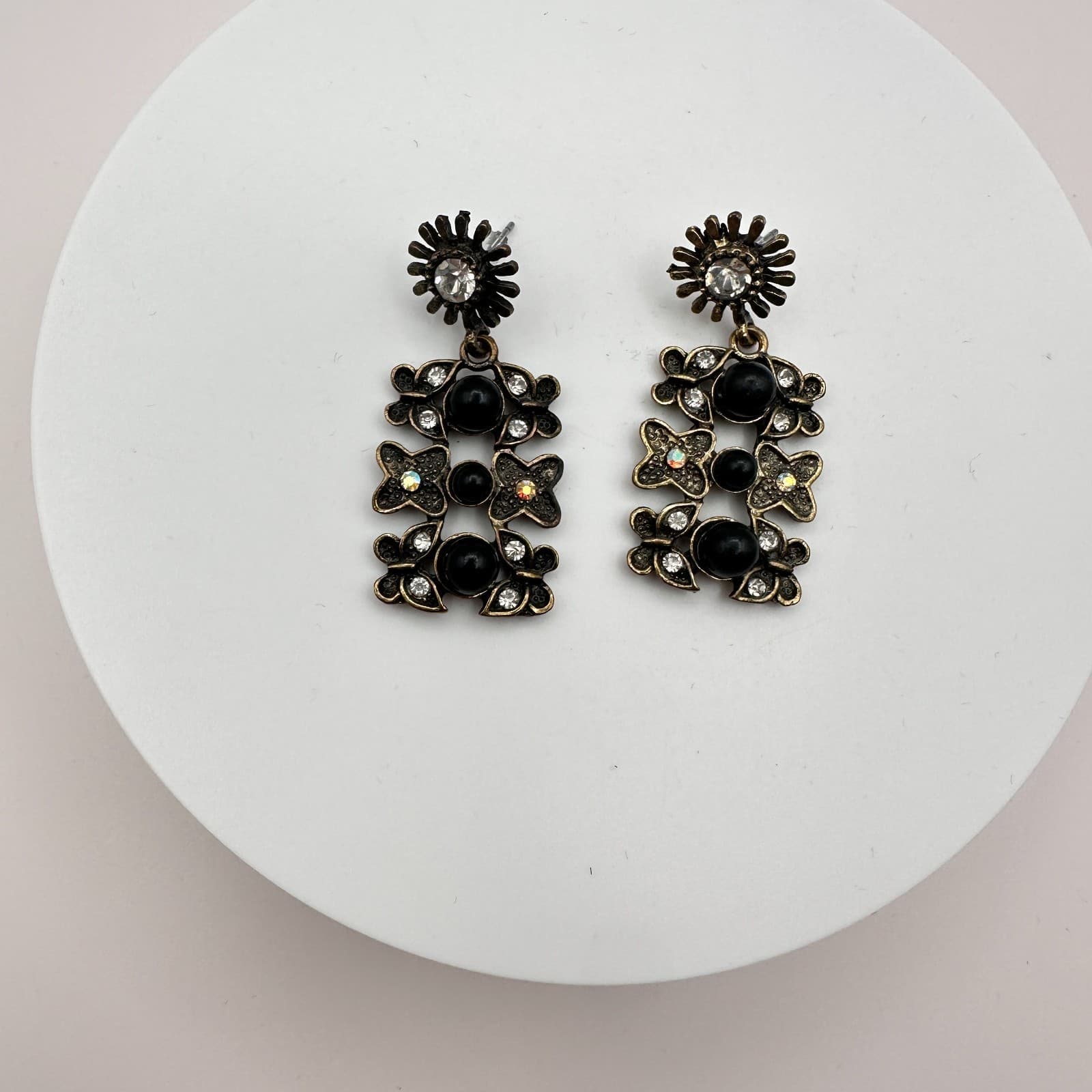 Vintage 90s Butterfly Dangle Earrings Black Beads Rhinestone Gold Tone Statement - Thumbnail 2