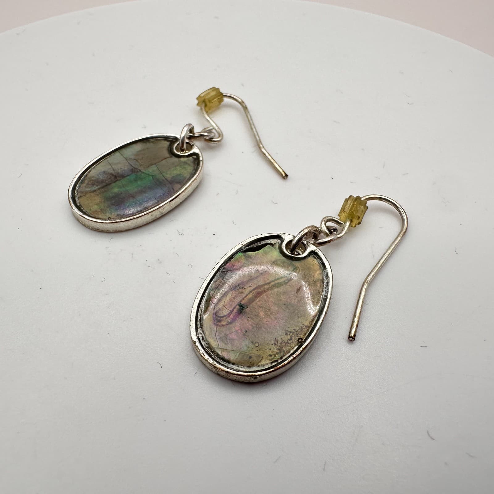 Vintage 90s Abalone Mother of Pearl Oval Dangle Earrings Silver Tone Jewelry - Thumbnail 4