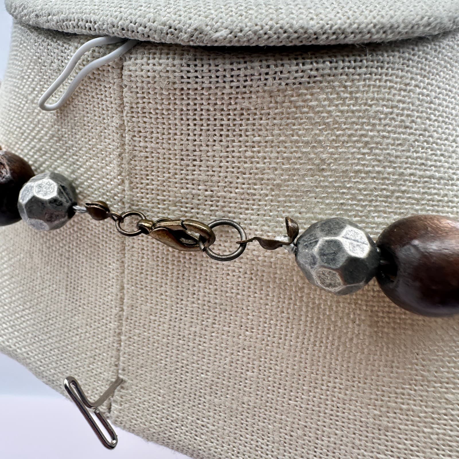 Vintage 80s Chunky Wood Bead Necklace Color Mixed Metal Silver Copper Jewelry - Thumbnail 9