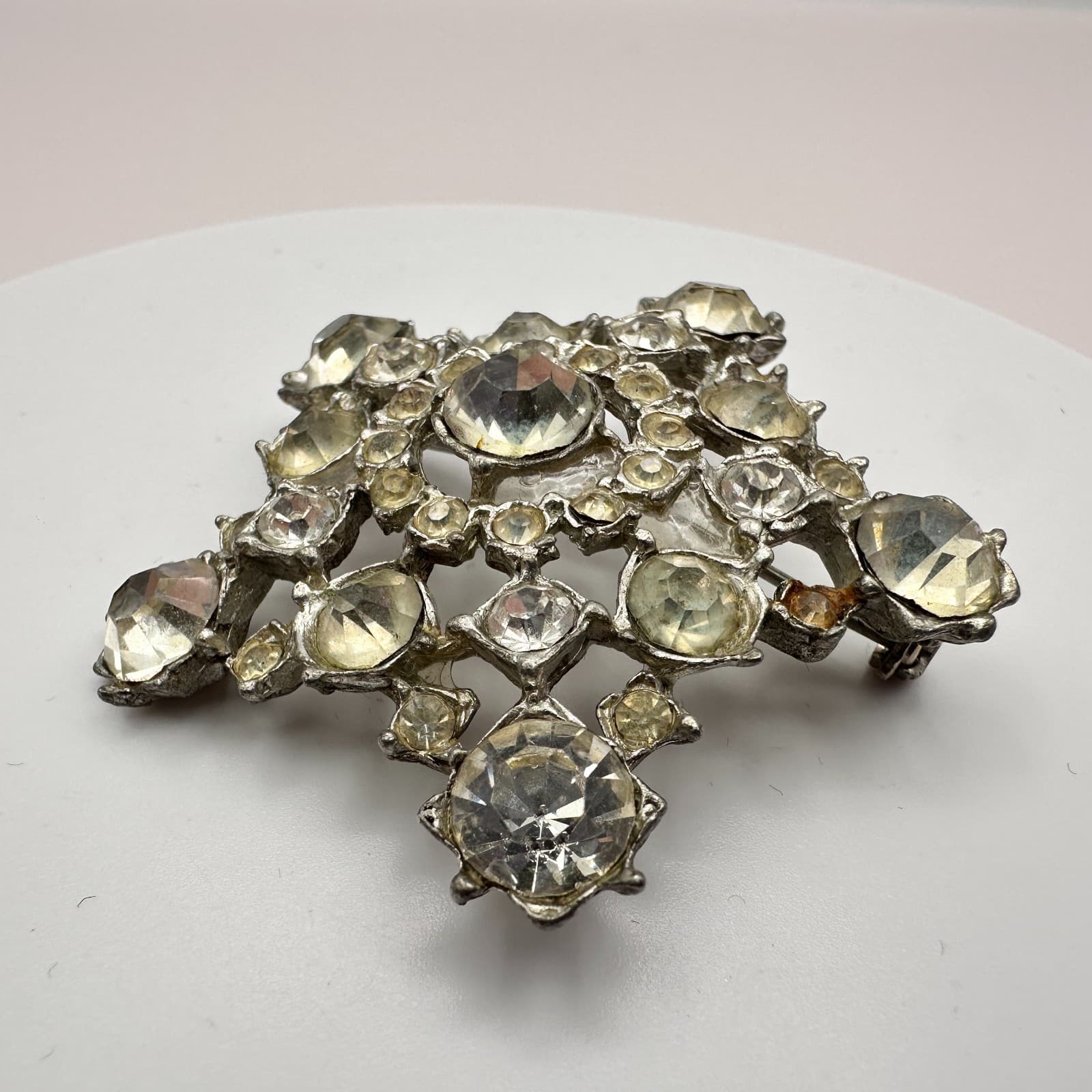 Vintage 90s Silver Tone Starburst Brooch Pin Rhinestone Women's Classic Jewelry - Thumbnail 5