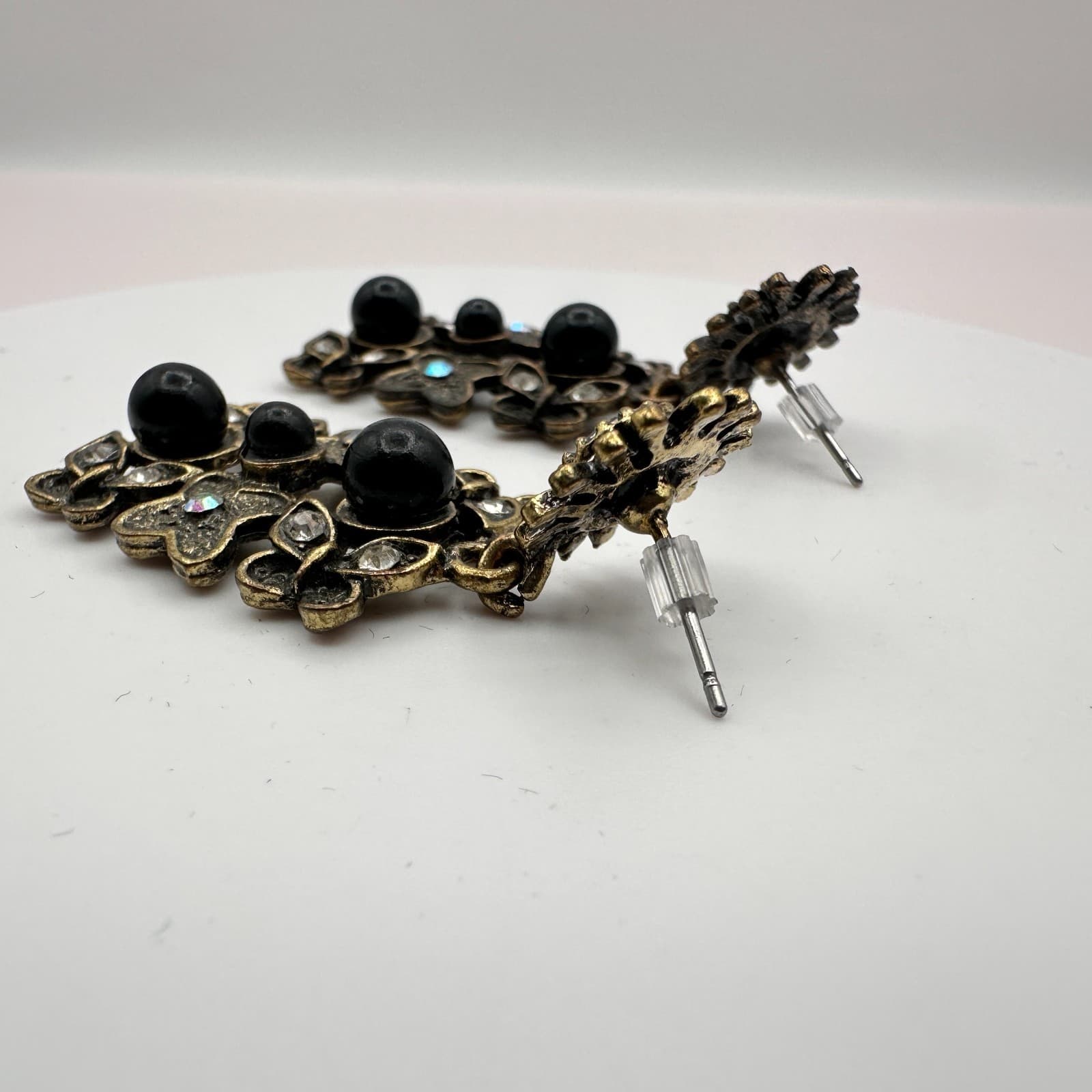 Vintage 90s Butterfly Dangle Earrings Black Beads Rhinestone Gold Tone Statement - Thumbnail 6
