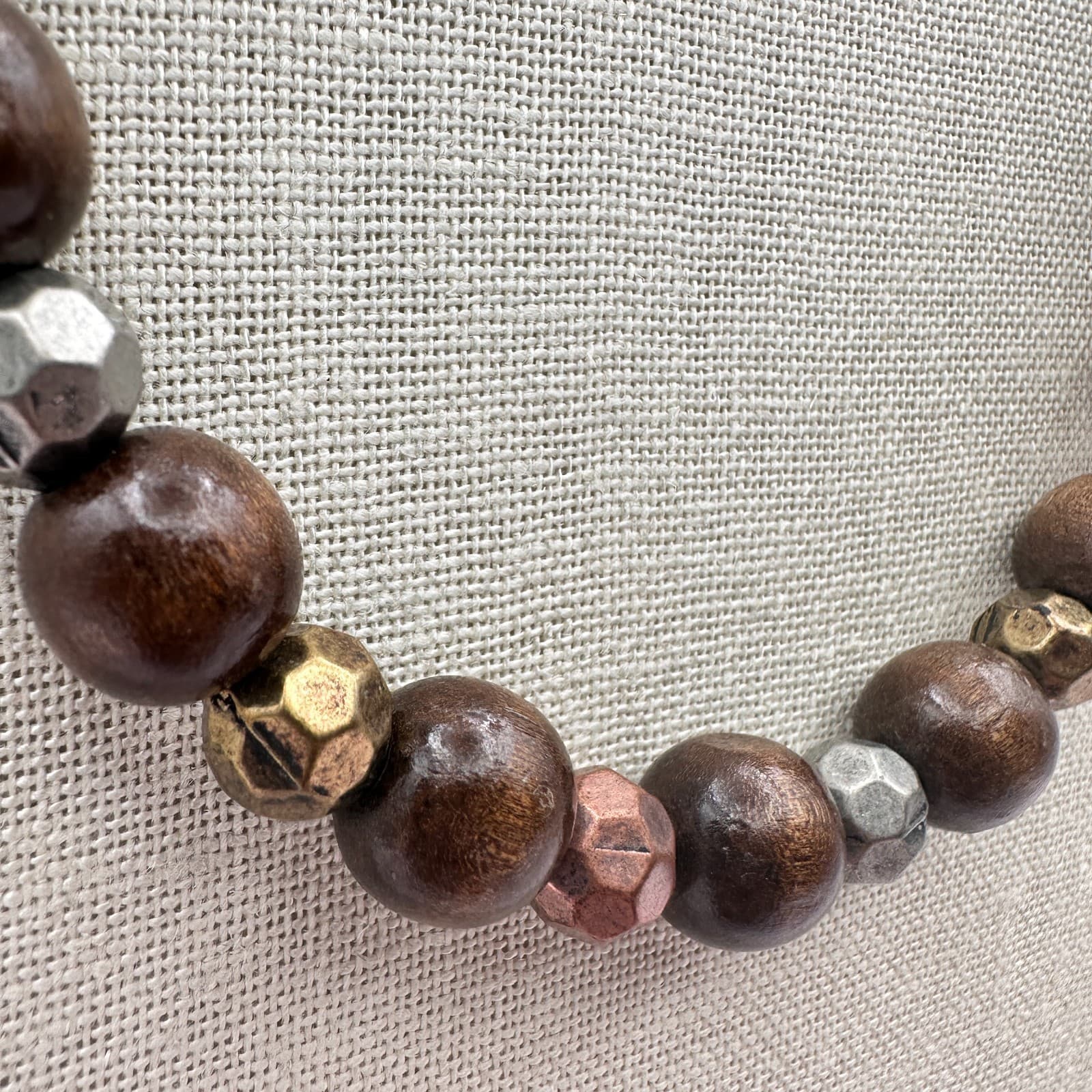 Vintage 80s Chunky Wood Bead Necklace Color Mixed Metal Silver Copper Jewelry - Thumbnail 5