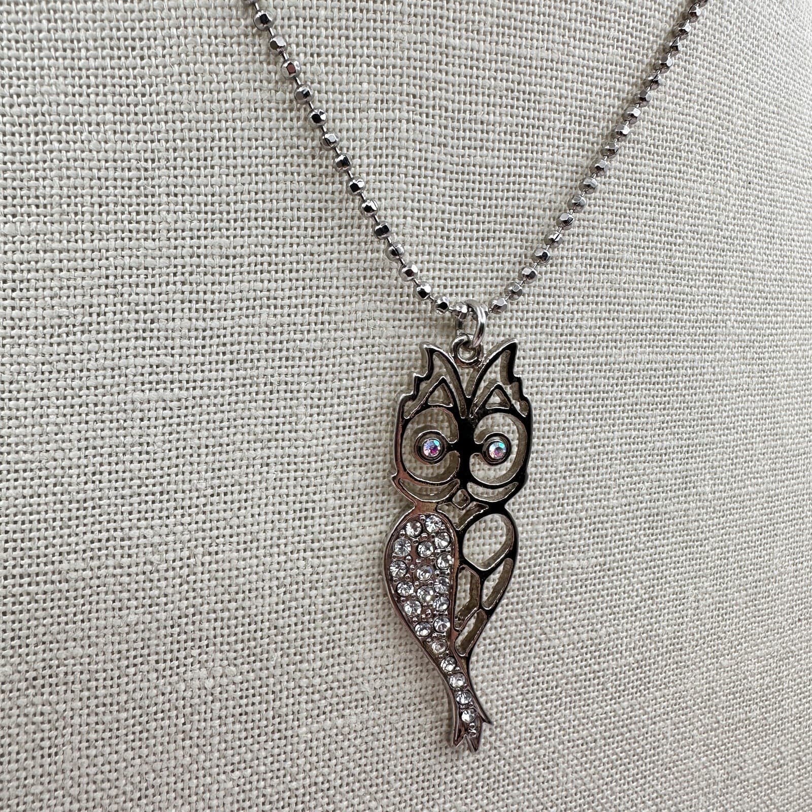 Vintage Y2K Silver Tone Owl Pendant Necklace Rhinestone Women's Classic Jewelry - Thumbnail 4