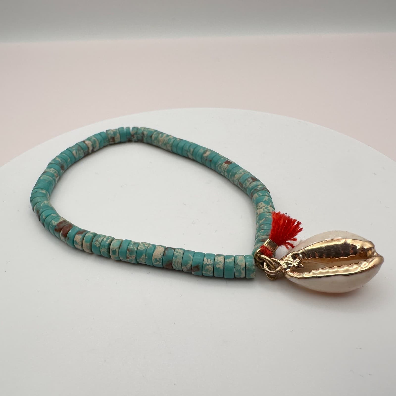Vintage Y2K Boho Cowrie Shell Stretch Bracelet Turquoise Beaded Tassel Jewelry - Thumbnail 4